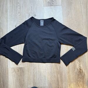 Victorias Secret Pink Active Top Womens L‎ Crop Long Sleeve Workout Logo Black